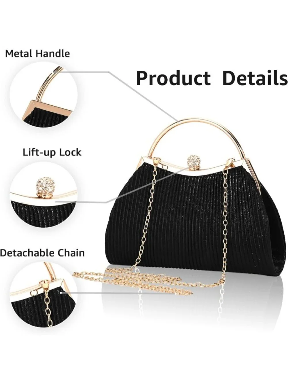 Women's Black Y Glitter Pleated Clutch Purse Sparkly Wedding Evening Bag